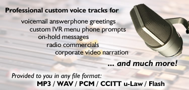 Professional custom voice tracks for telephone answering machines, voicemail, on-hold messages and more. 